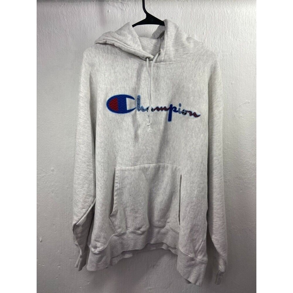 CHAMPION REVERSE WEAVE MENS XXLARGE PULLOVER HOODED SWEATSHIRT LOGO GRAY